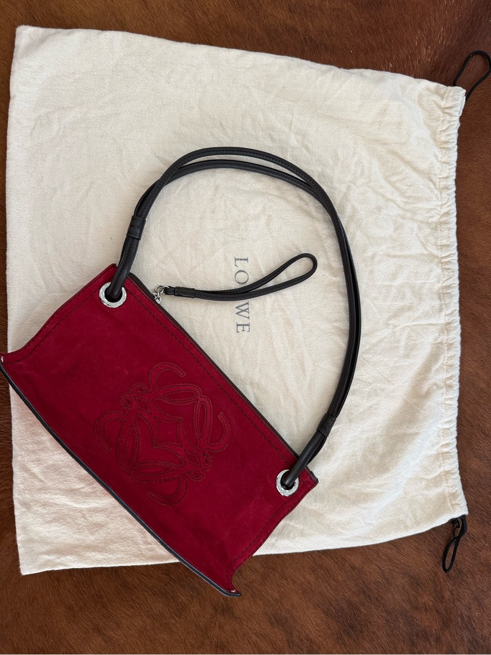 Loewe Burgundy Suede Shoulder Bag with Black Strap